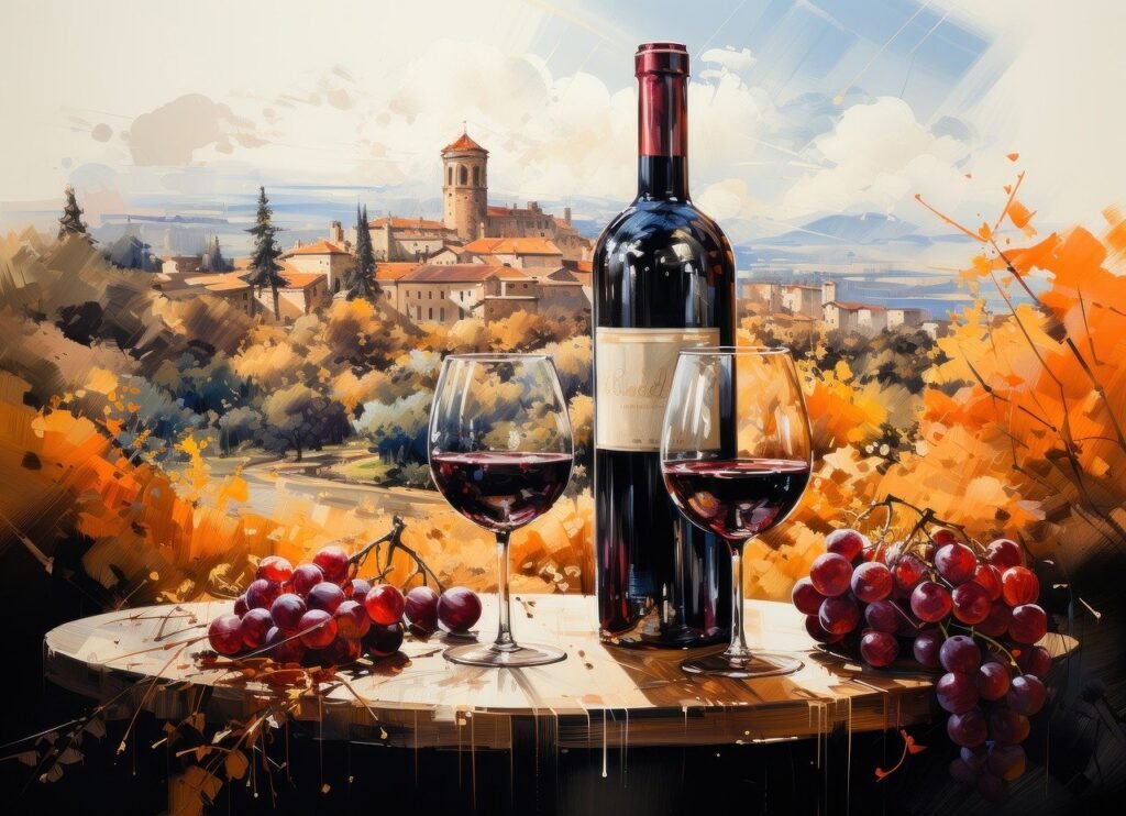 Drawing of a red wine bottle, with two wine glasses with a nice view and grapes.