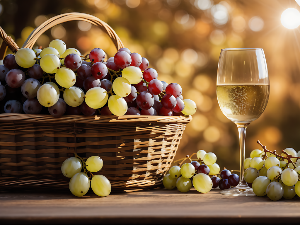 Picture of a basket of grapes and a glass of white wine